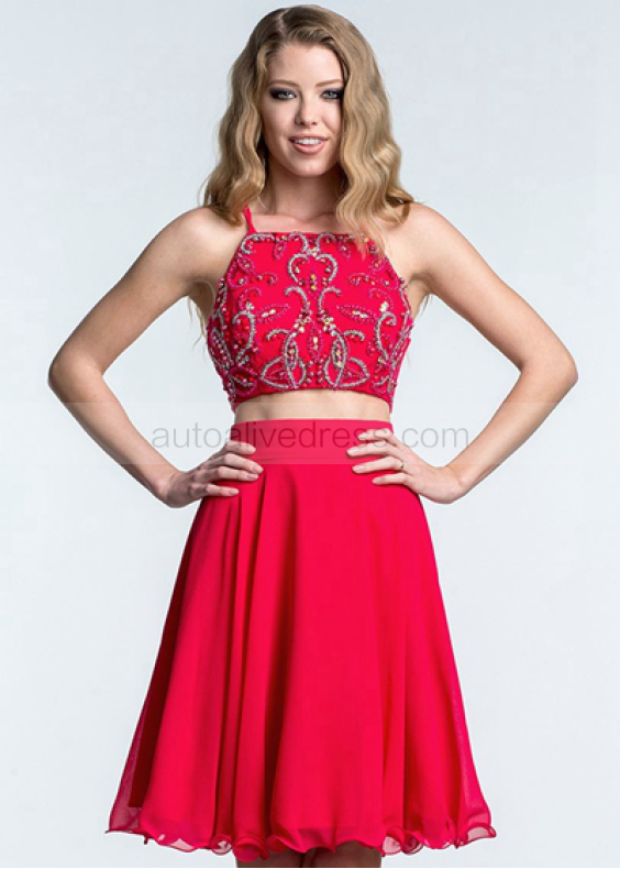Red Chiffon Beaded Halter Open Back Two Piece Knee Length Prom Dress